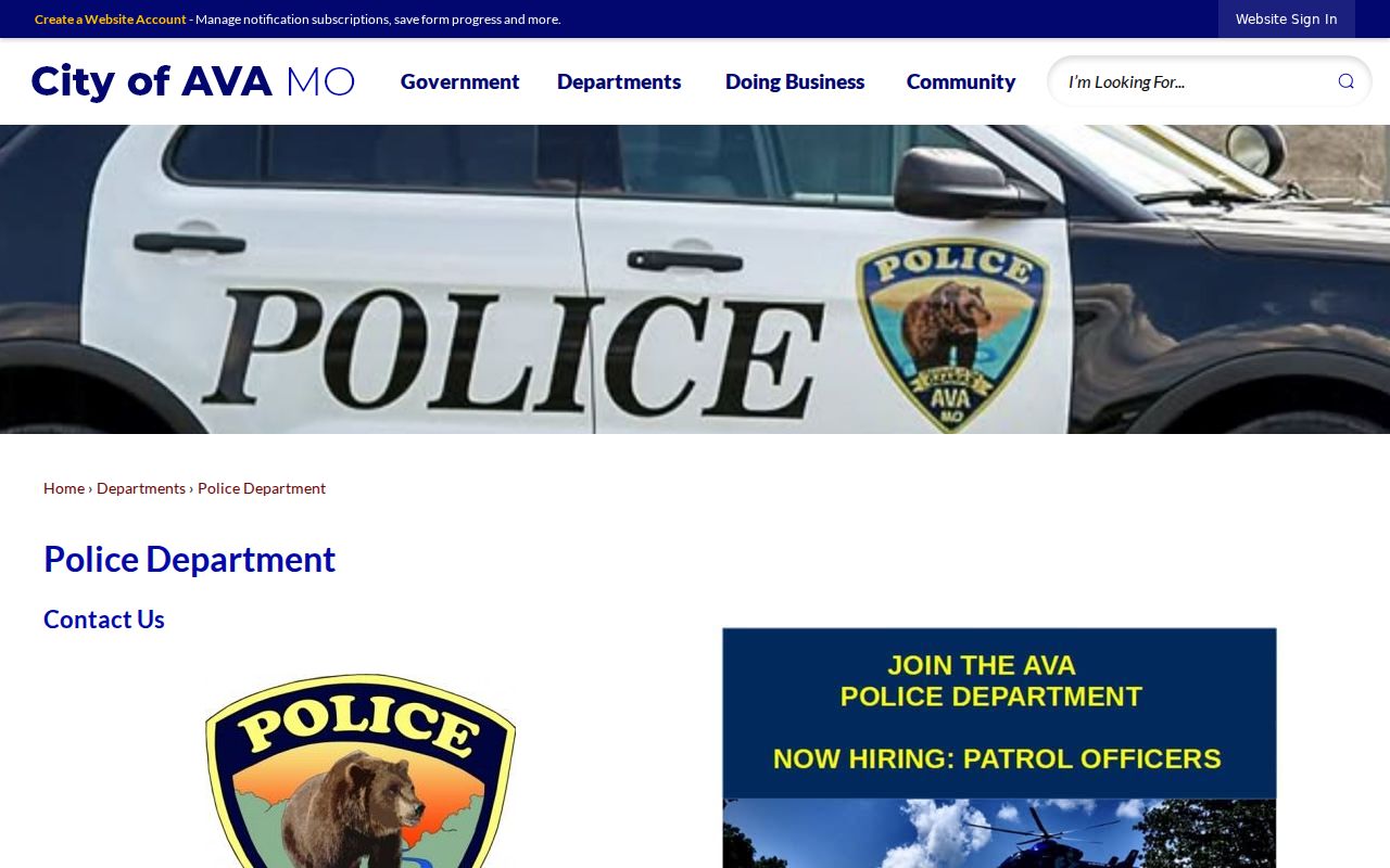 Official Ava Police Department contact page for Douglas County warrant questions