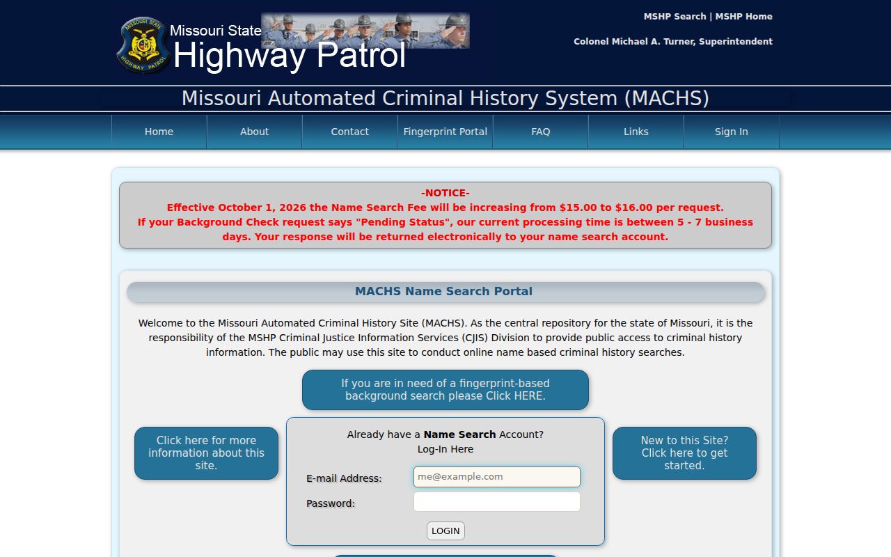 Official Missouri MACHS name search distinguished from Douglas County active warrants