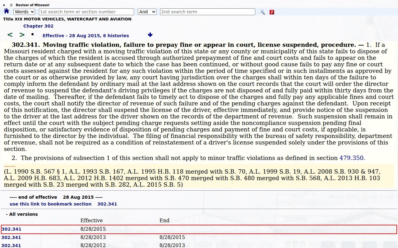 Missouri traffic failure to appear statute used for Douglas County cases