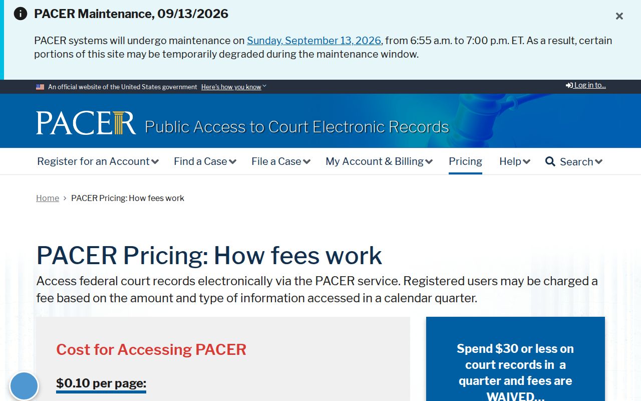 PACER federal docket pricing information